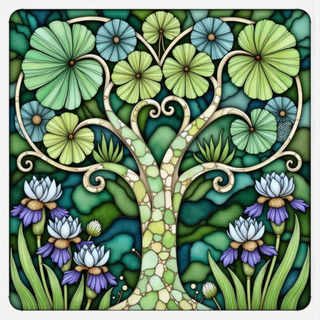 Art Nouveau Landscape of a Serene River and Hills