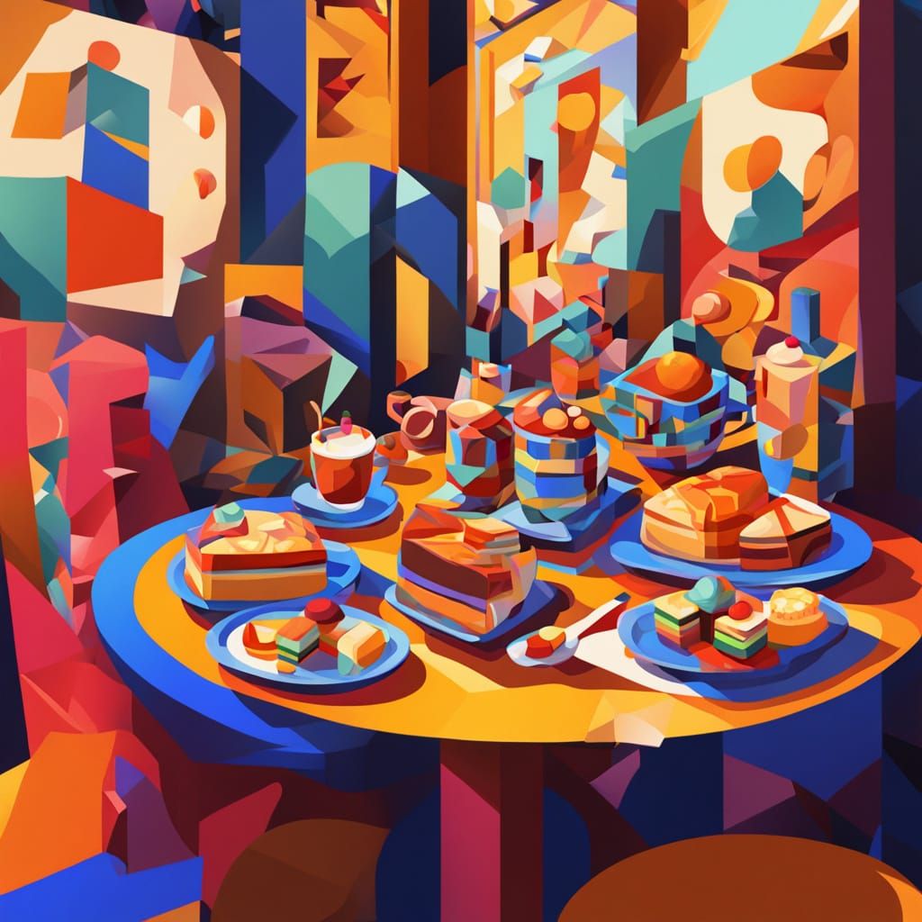 Cubist Dessert Club Gathering: Geometric Fauvism Painting
