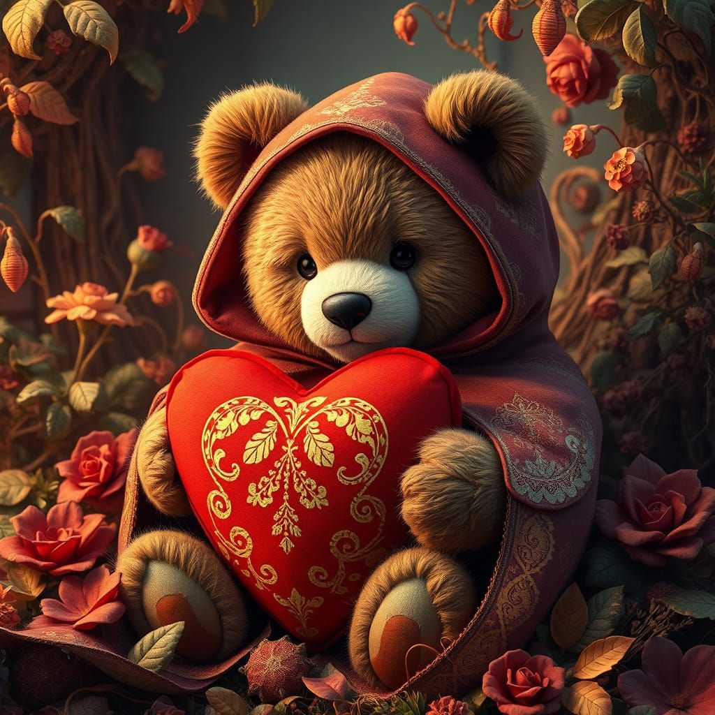 Mystical Teddy Bear in Lavish Cloak Holds Golden Heart Cushi...