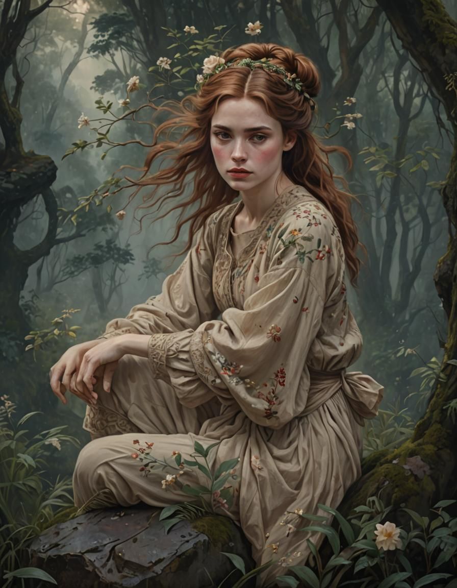 Ethereal Woman in Misty Forest: Pre-Raphaelite Style