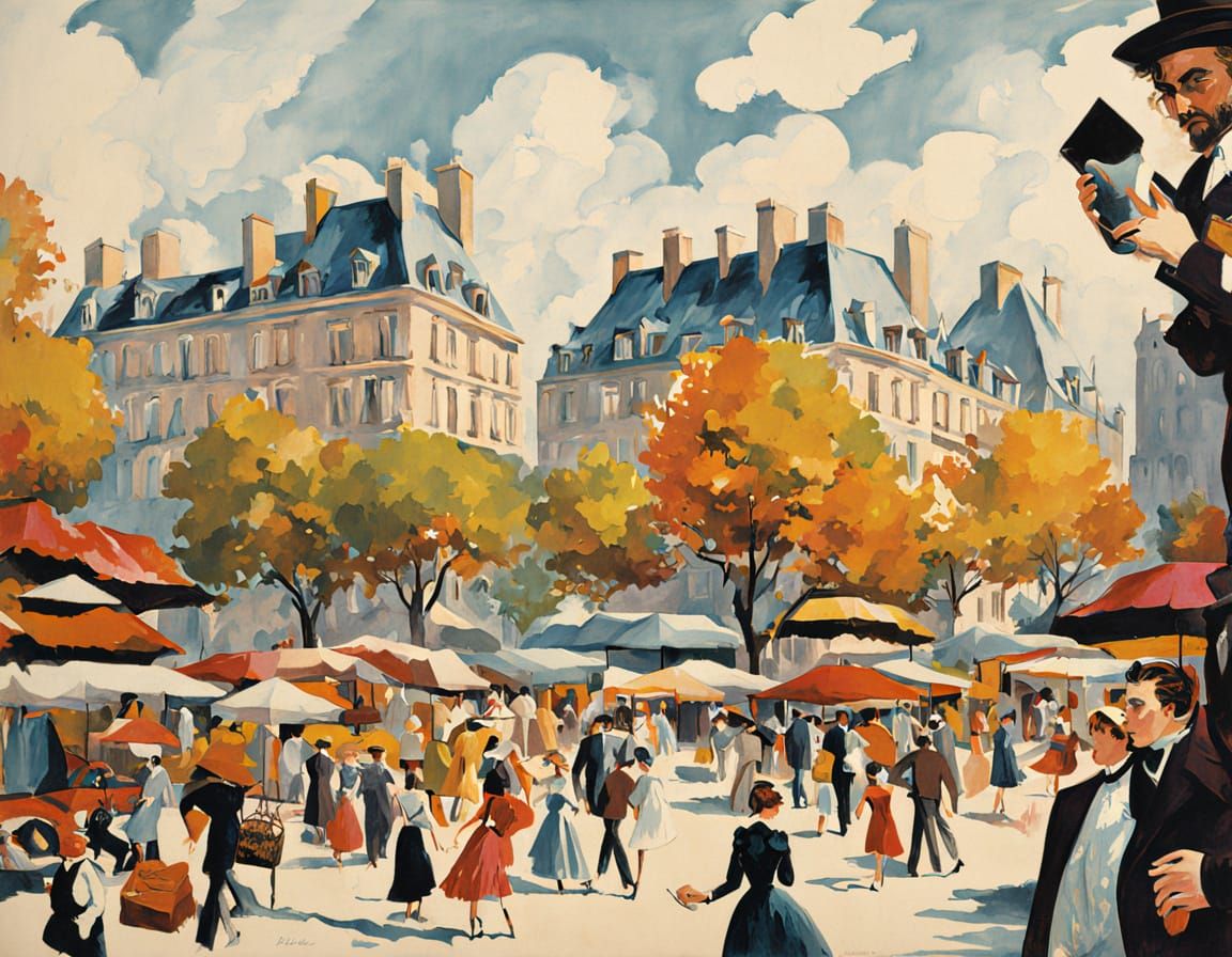 Parisian Square Art Nouveau Illustration with Vibrant Colors