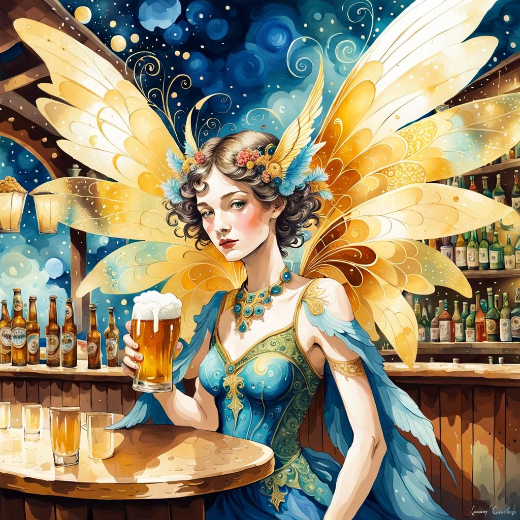 Fairy Drinks Beer: Surrealist Watercolor Illustration