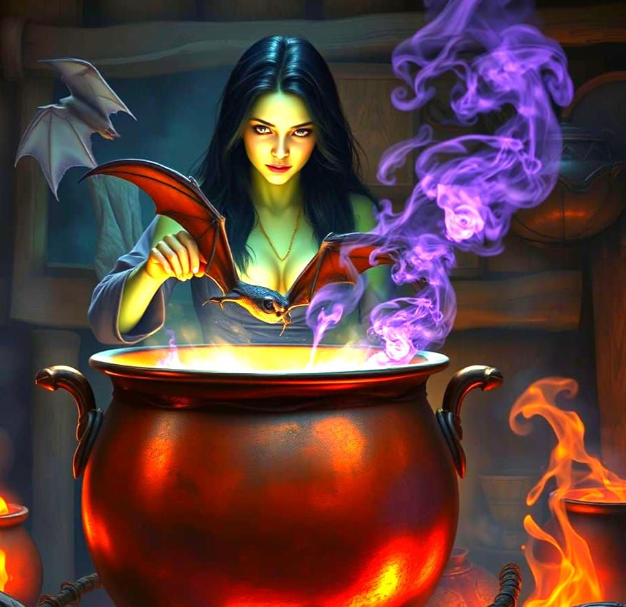 Dark Fantasy Witch Stirs Cauldron in a Thatched Cottage at N...