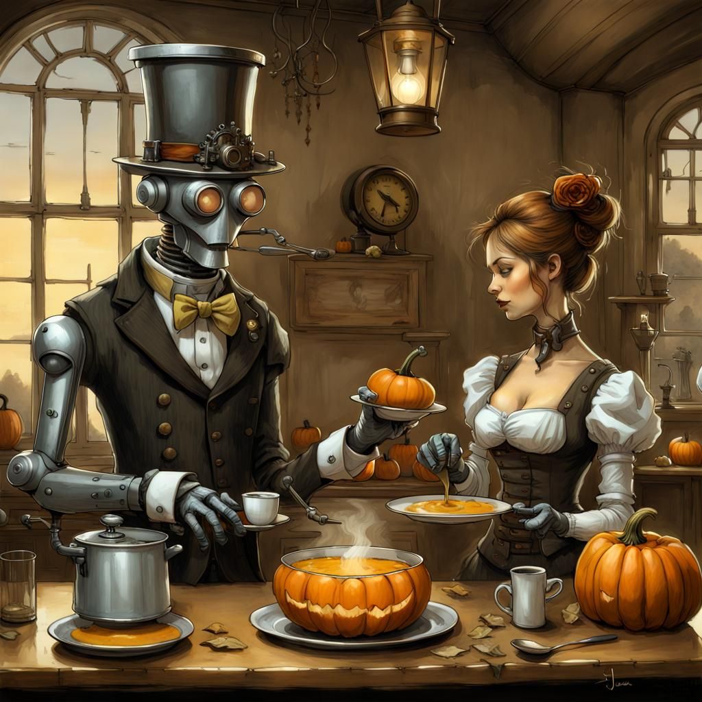 Steampunk Robot Butler Serves Pumpkin Soup