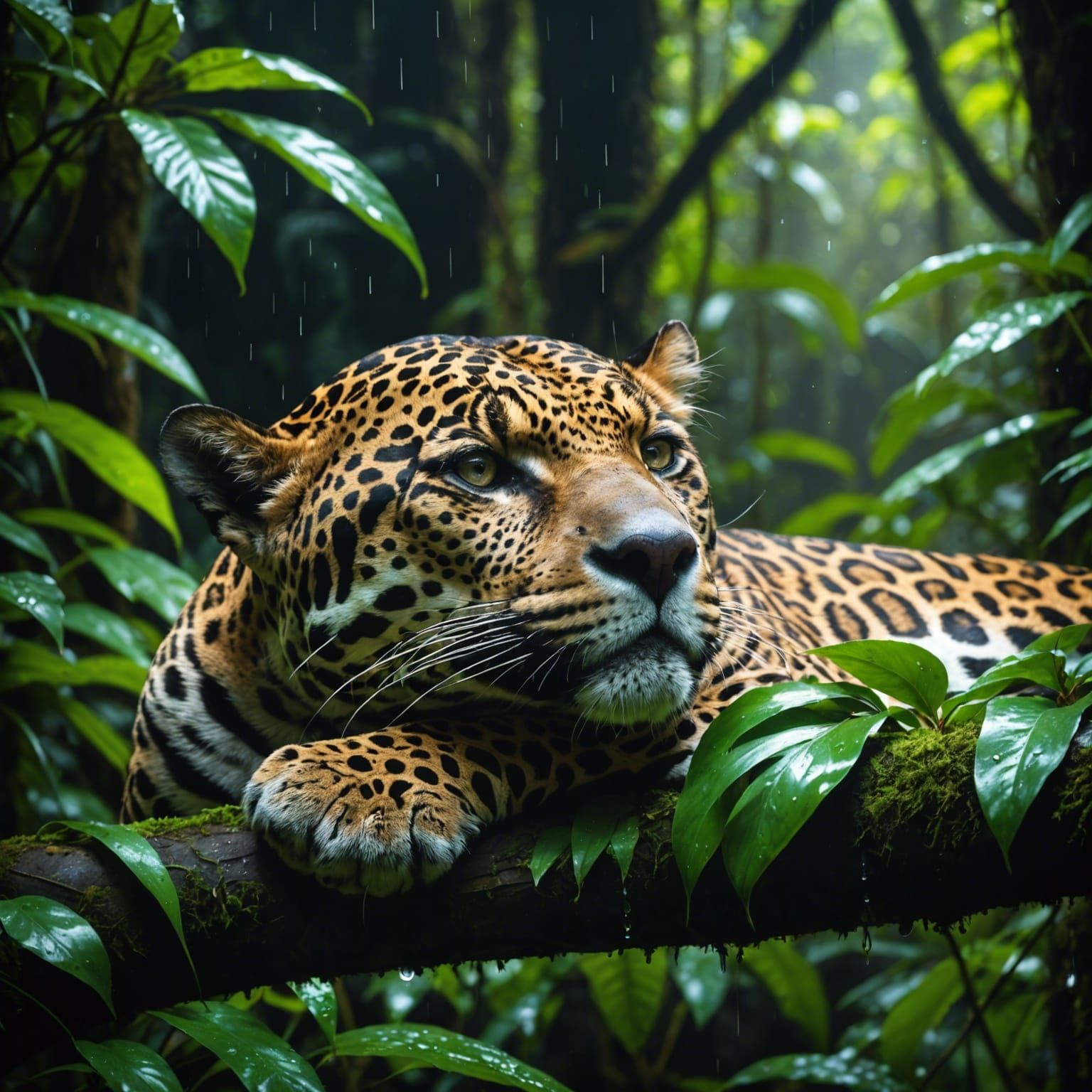 Jaguar Asleep in a Rainforest