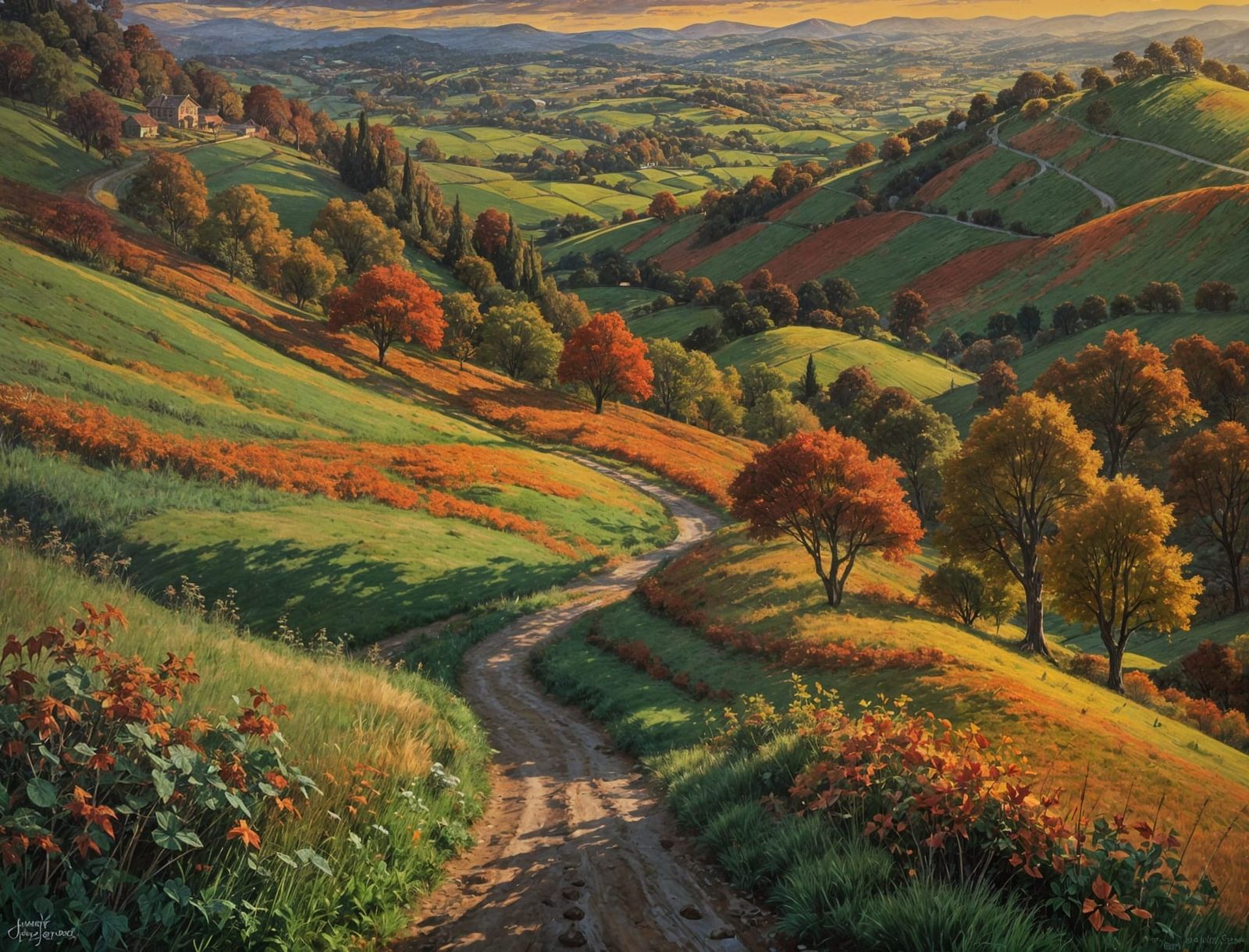 Autumn Hillside Path in Fantasy Oil Painting Style