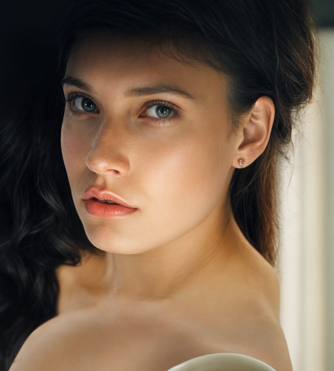 Beautiful Woman in London Cafe: Photorealistic Portrait