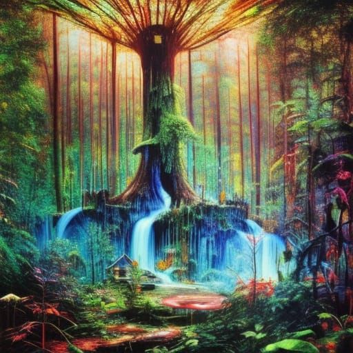 Enchanted Forest with Illuminated Waterfalls and Treehouses