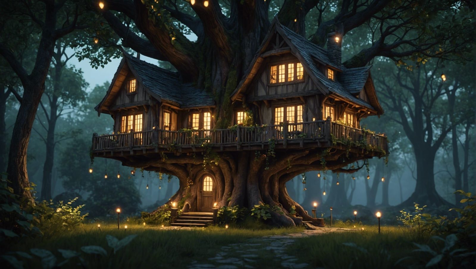 Elven Treehouse at Night in Ultra Realistic Style