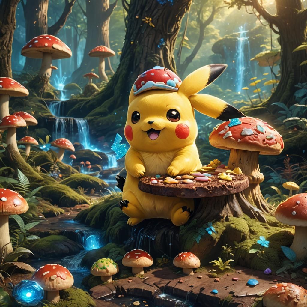 Chubby Pikachu Enjoys Cookie in Detailed Forest