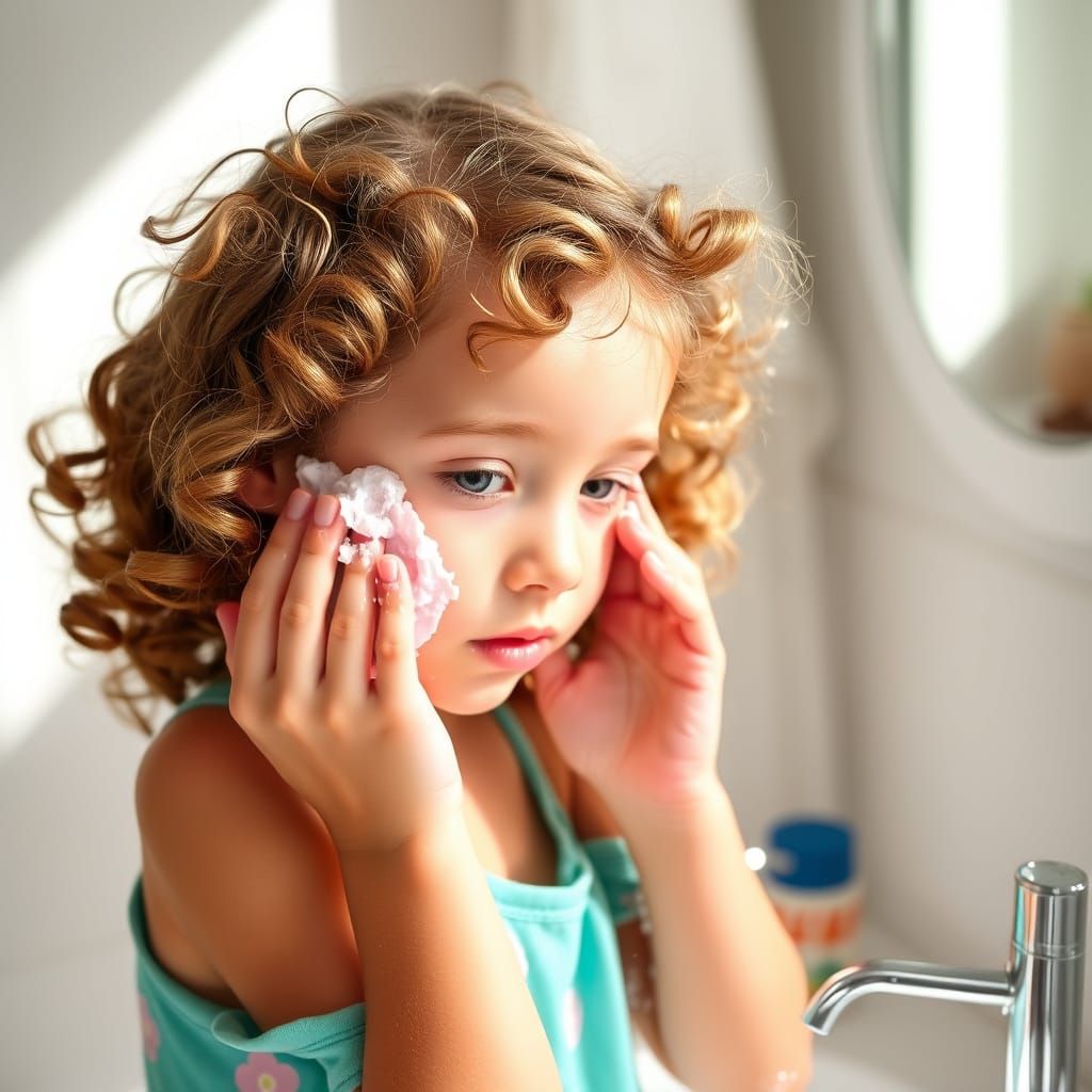 Girl Washing Her Face in Sunlit Bathroom