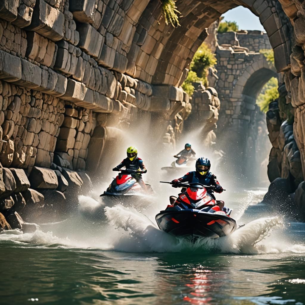 Jet Skis Racing Through Ancient Stone Tunnel