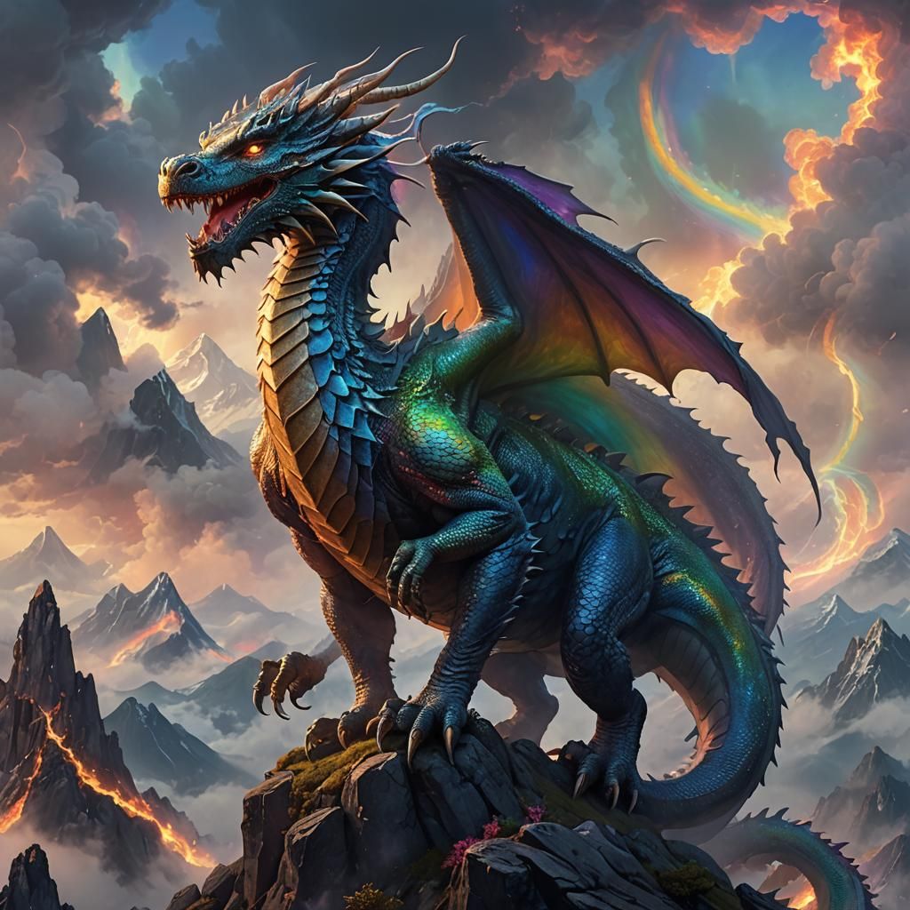 Mighty Dragon on Misty Peak in Fantasy Art