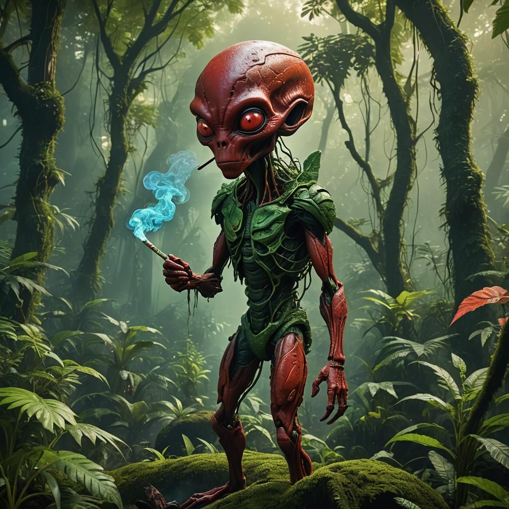 Small red alien from another world shipwrecked in a lush Ama...