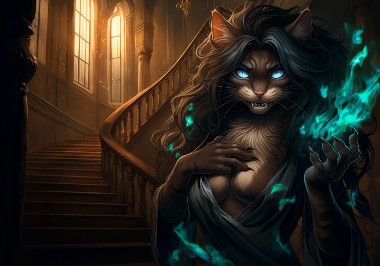 Anthropomorphic Cat in Magic Flames, Dark Fantasy Art