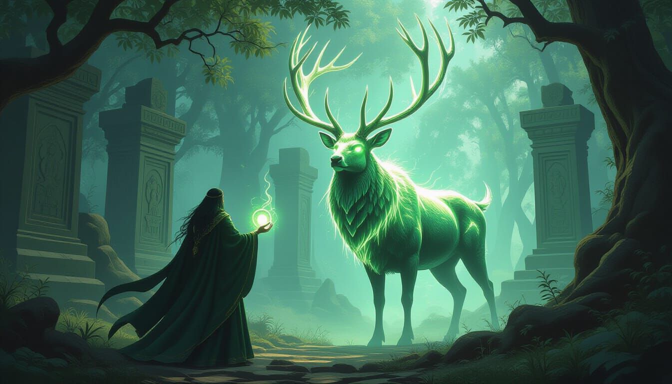 Bioluminescent Stag Summoned by Druid in Mystic Forest