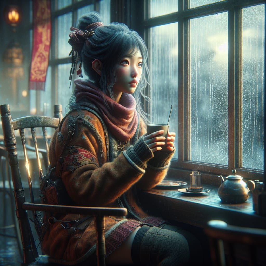Asian Girl in Cafe Window: Matte Painting in 8k