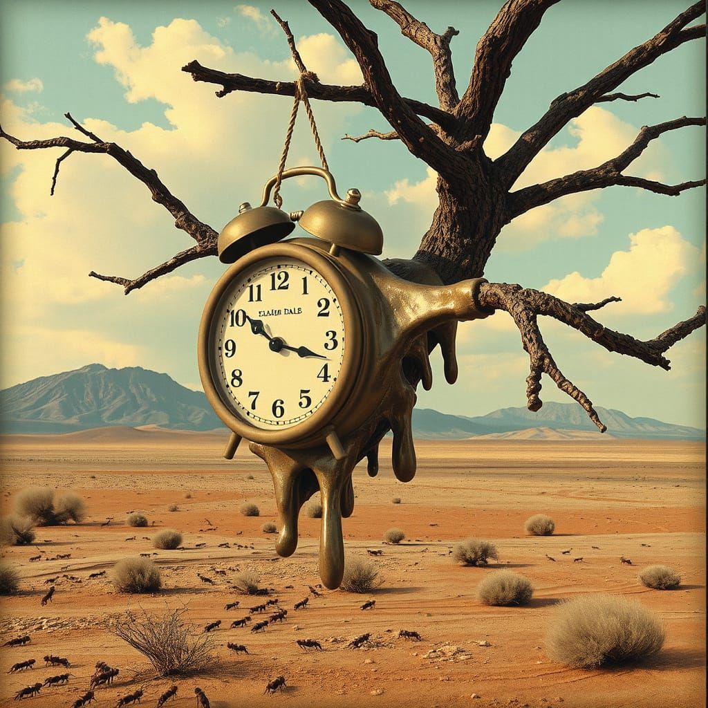 Melting Clock in Desert, Surrealist Style