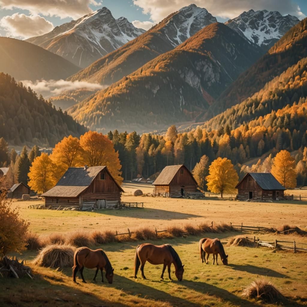 Idyllic Autumn Landscape with Grazing Horses