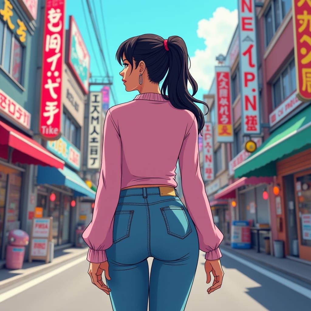 Curvy Woman Walks Tokyo Street in Anime Style