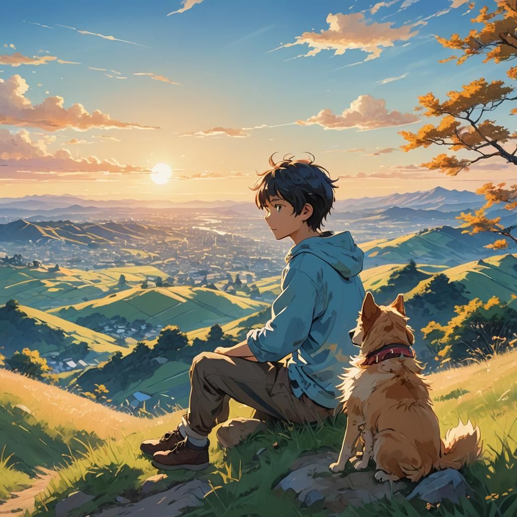 Anime Style Boy and Dog in Soft Sunlight