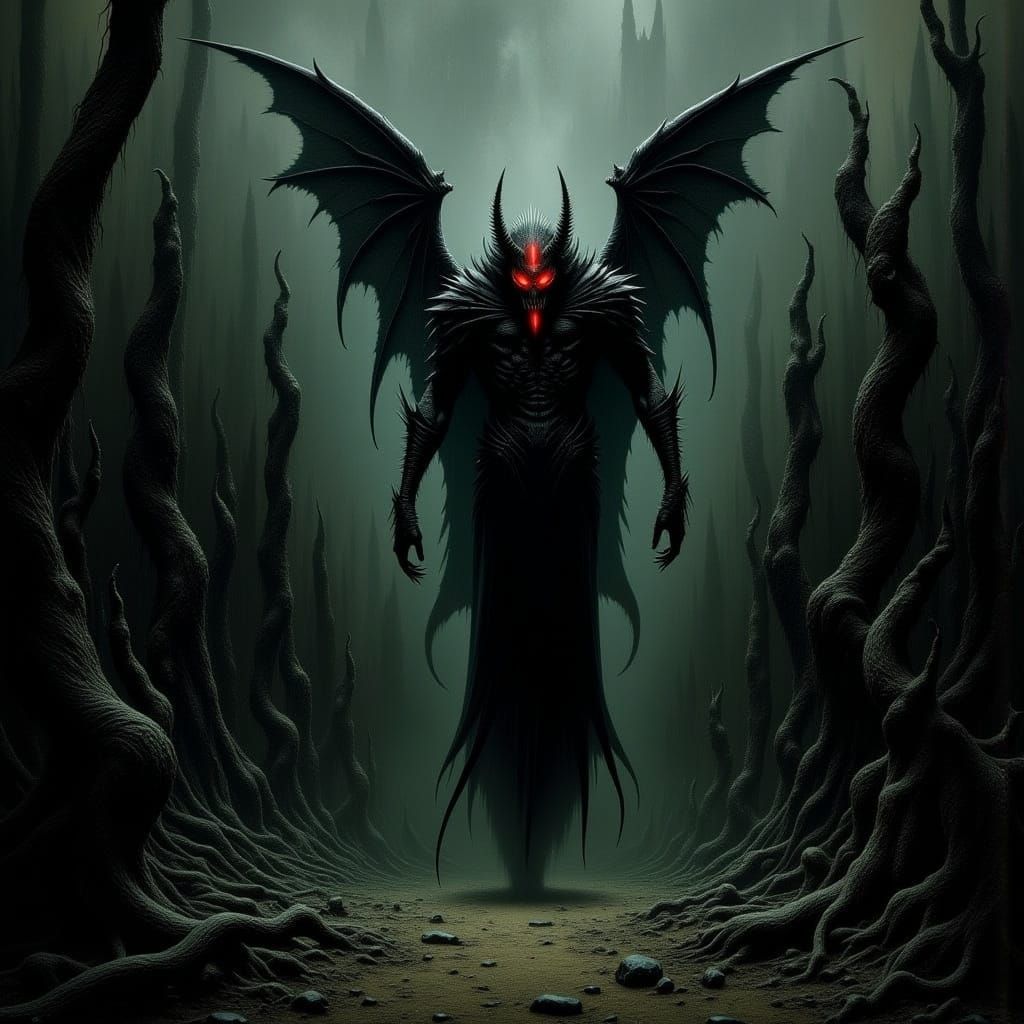 Menacing Demon in Dark Fantasy Landscape