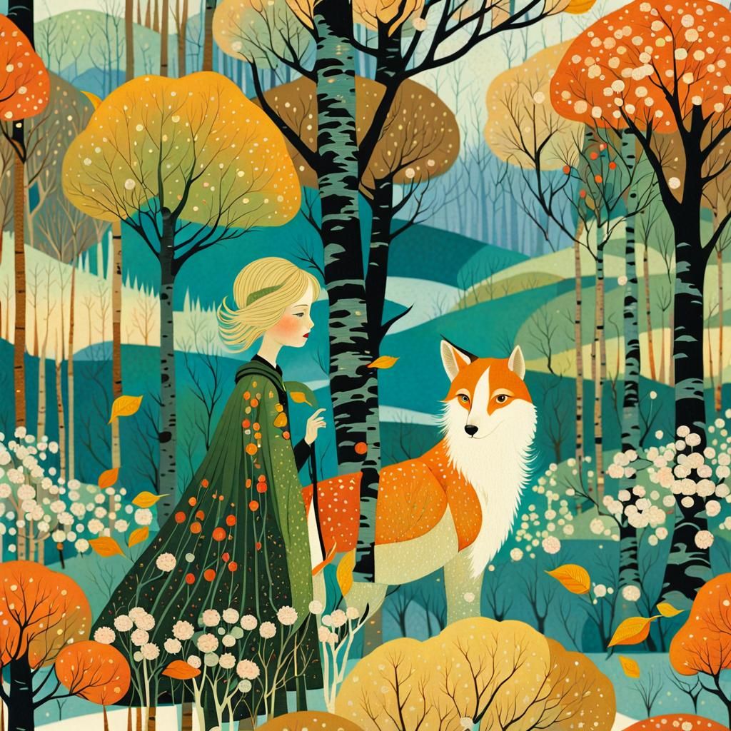 Girl in Birch Forest: Golden Age Illustration