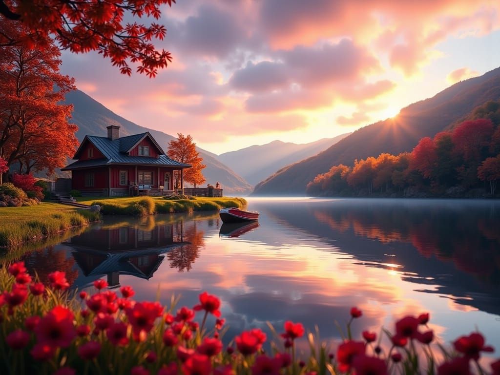 Vermont Sunset Over Lake with Boat