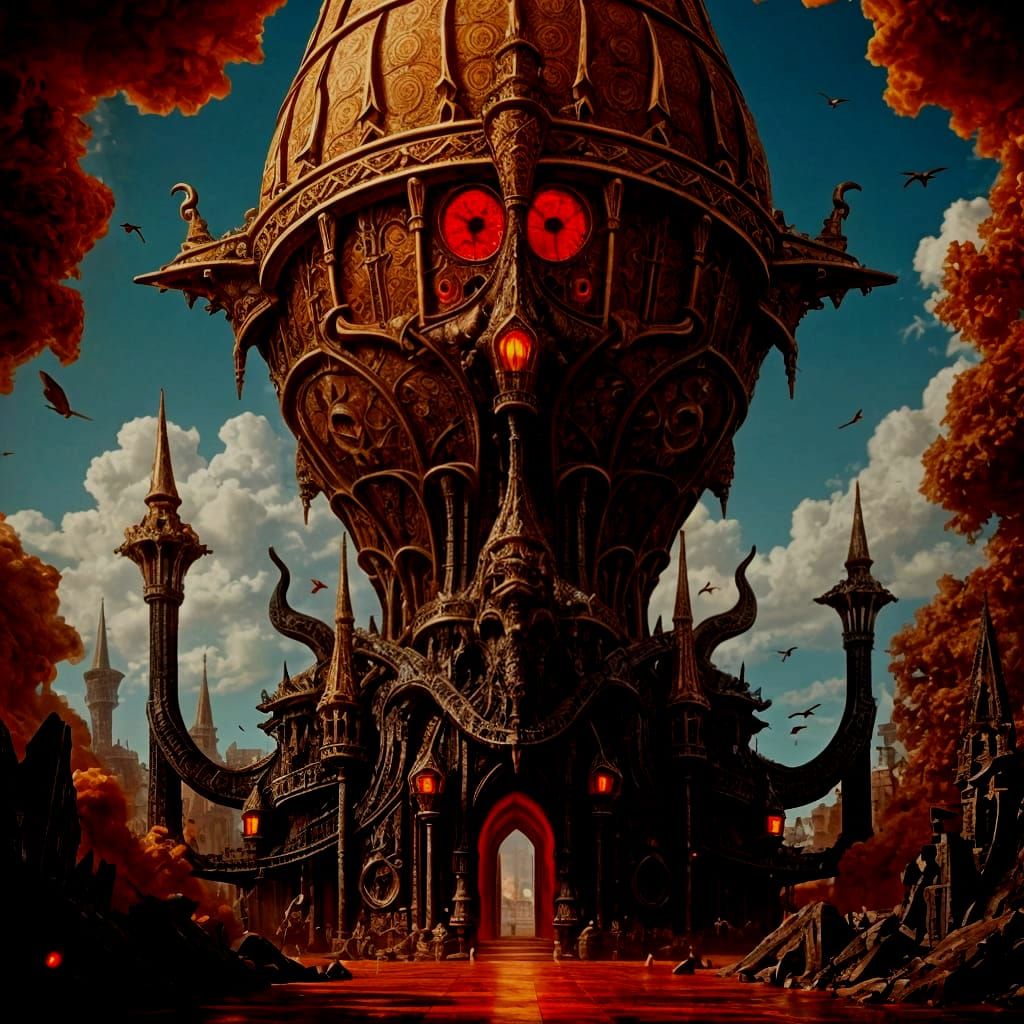 Diabolical Steampunk Airship with Gothic Egyptian Motifs