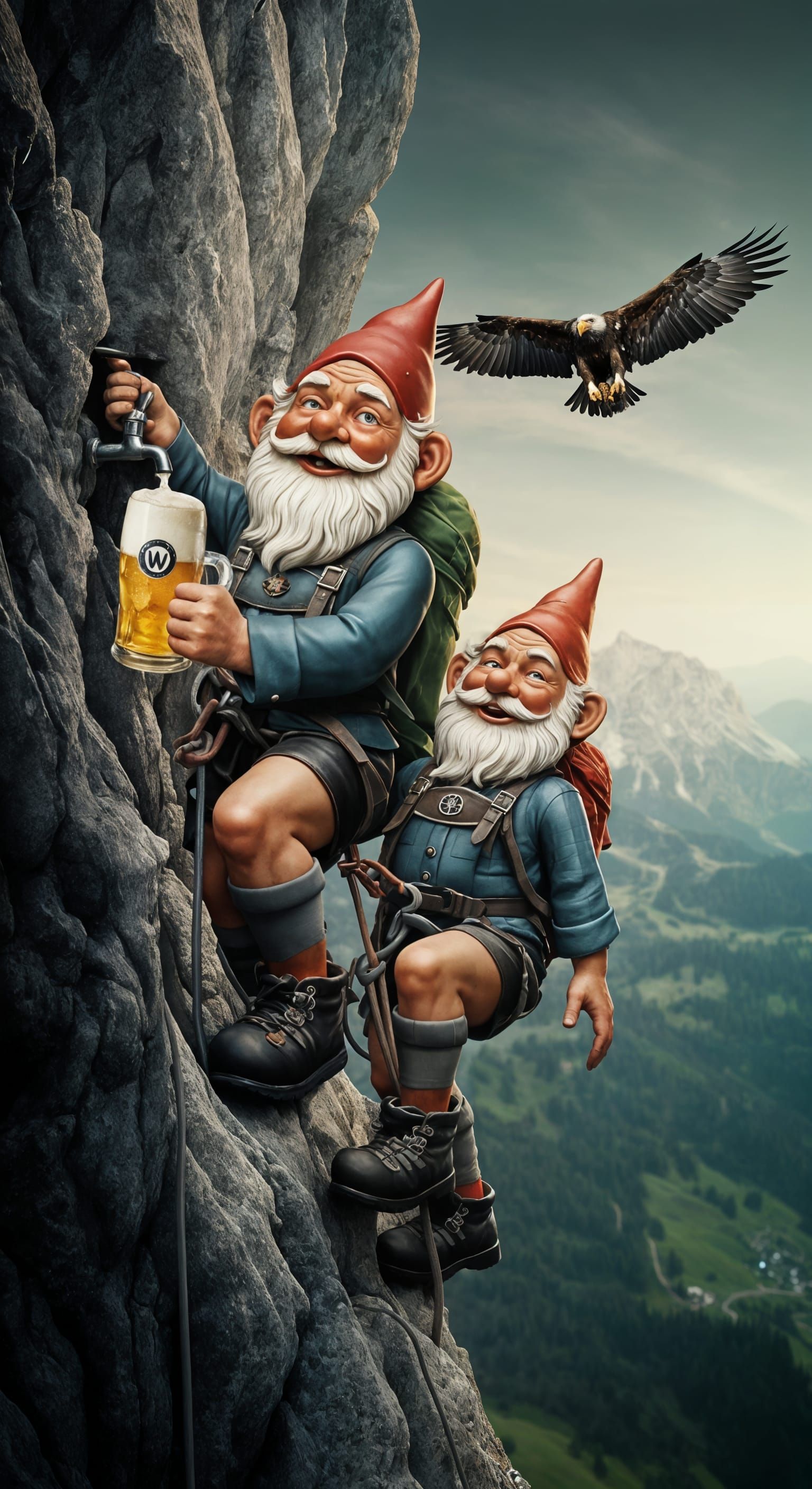 Joyful Bavarian Gnomes Climb Alpine Mountain