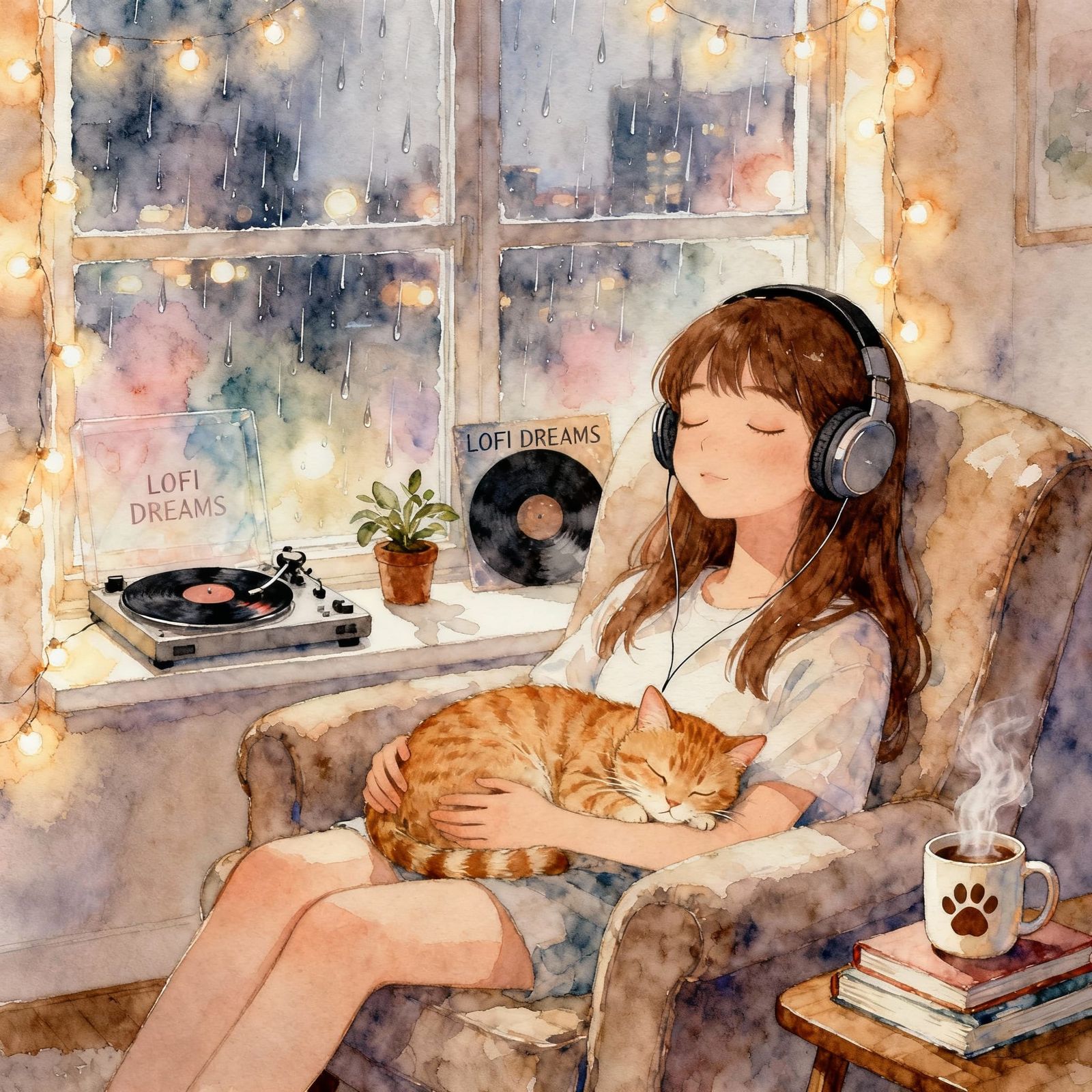 Cozy Lofi Rain Scene with Girl and Cat