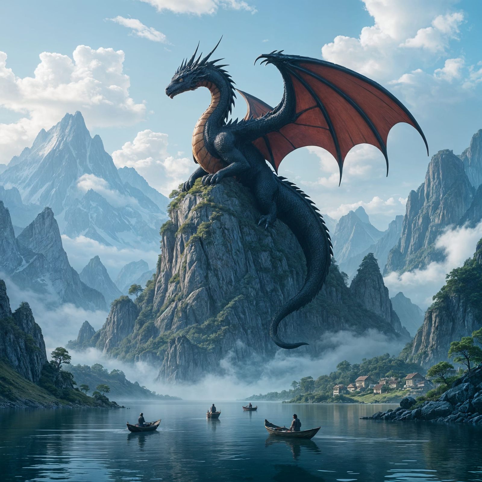 Ancient Dragon on Mountain Peak Over Misty Valley