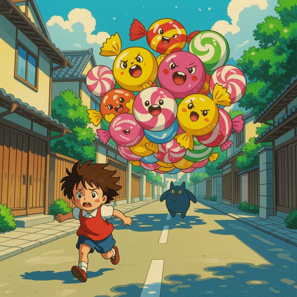 Child Flees Candy Swarm in Ghibli-Inspired Fantasy Scene