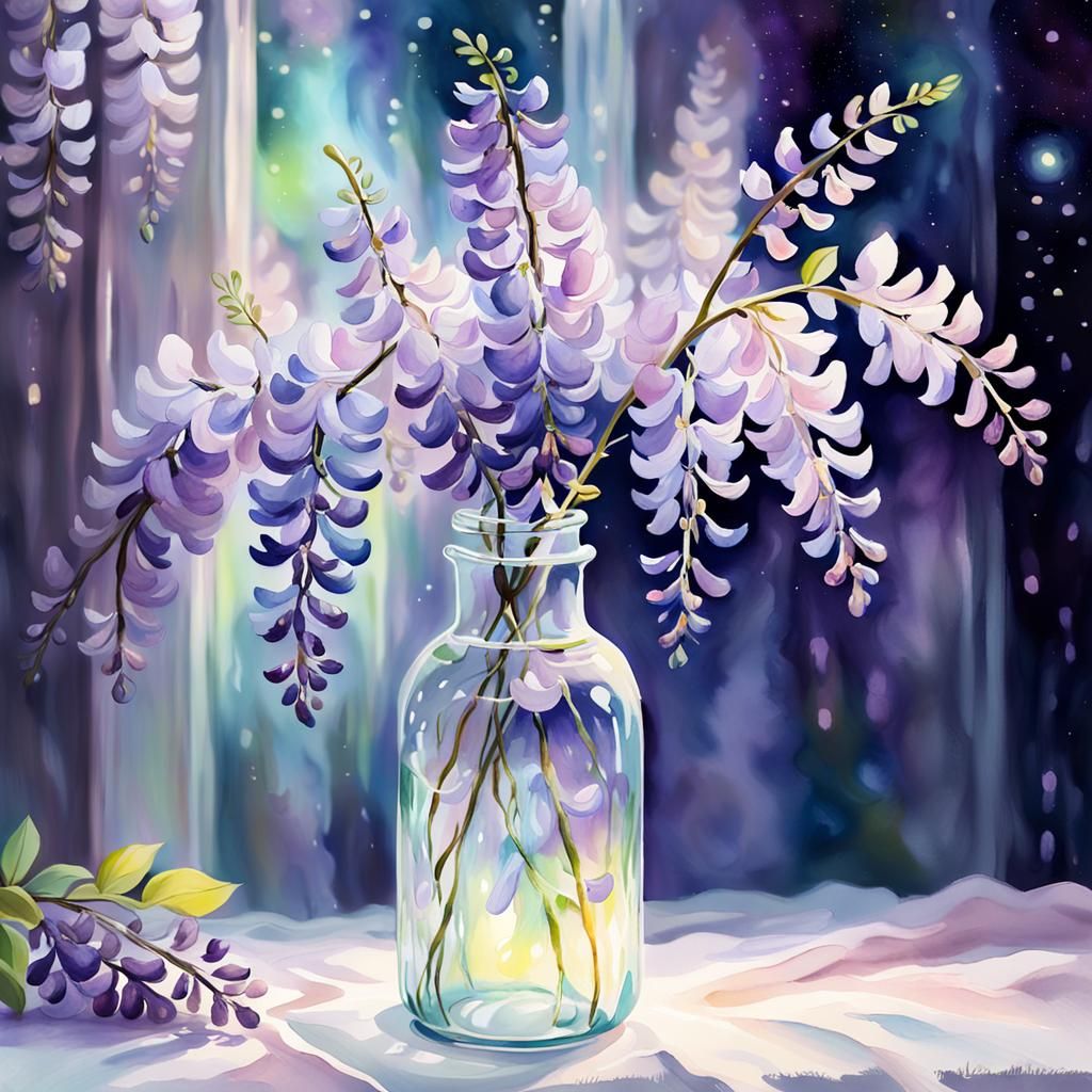 Wisteria Flowers Under Aurora: Impressionist Watercolor