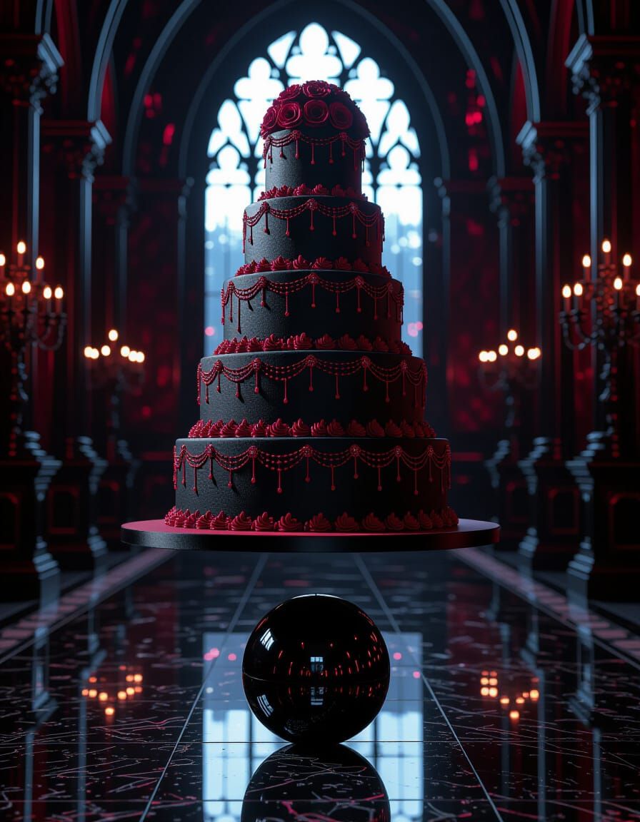 Gothic Wedding Cake Levitating in Obsidian Ballroom
