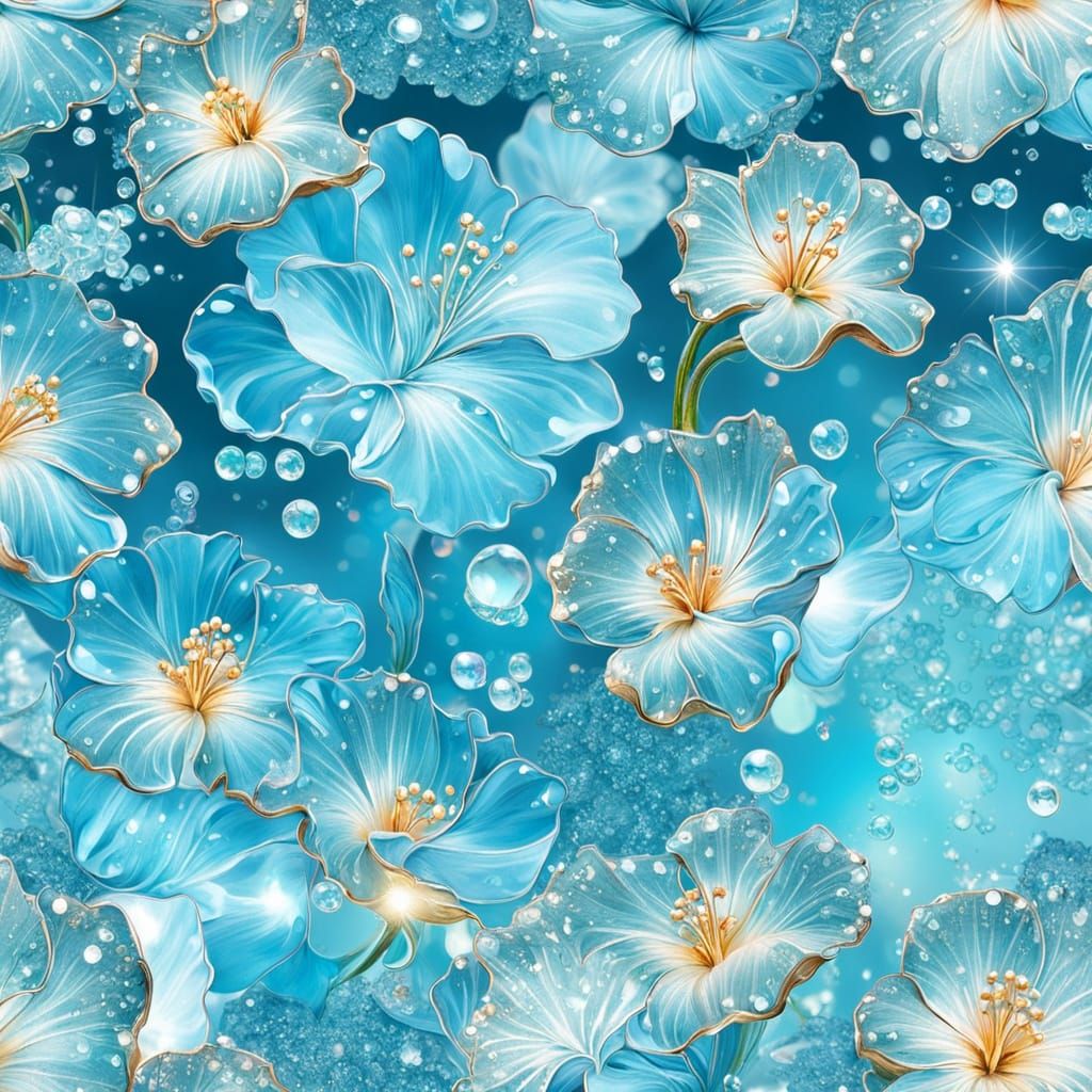 Aquamarine Crystal Hibiscus Flowers with Bubbles