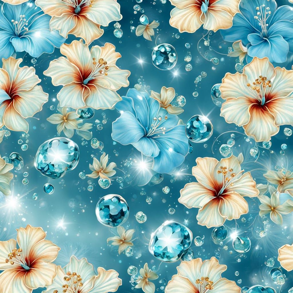 Aquamarine Crystal Hibiscus Flowers with Bubbles