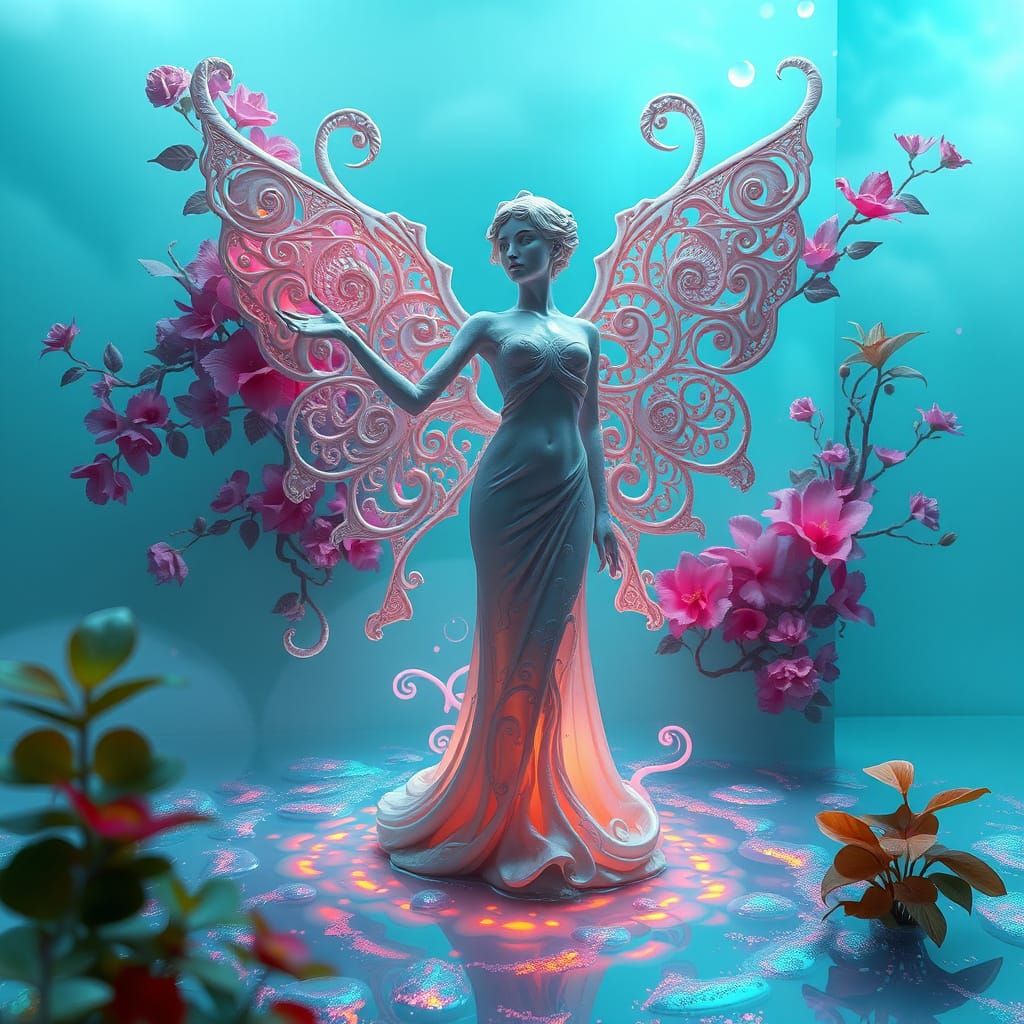 Dreamlike Statue in a Shimmering, Iridescent Pool
