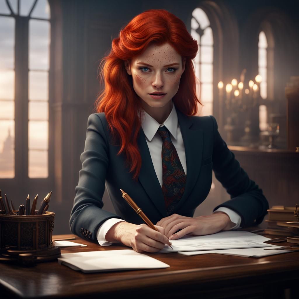 Redhead with Freckles Writes on Pad: Matte Painting
