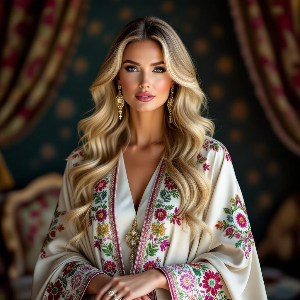 Regal Blonde in Luxurious Abaya: High Fashion Photography