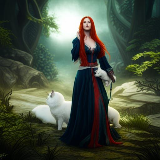 Redhead Woman with White Cat: Detailed Matte Painting
