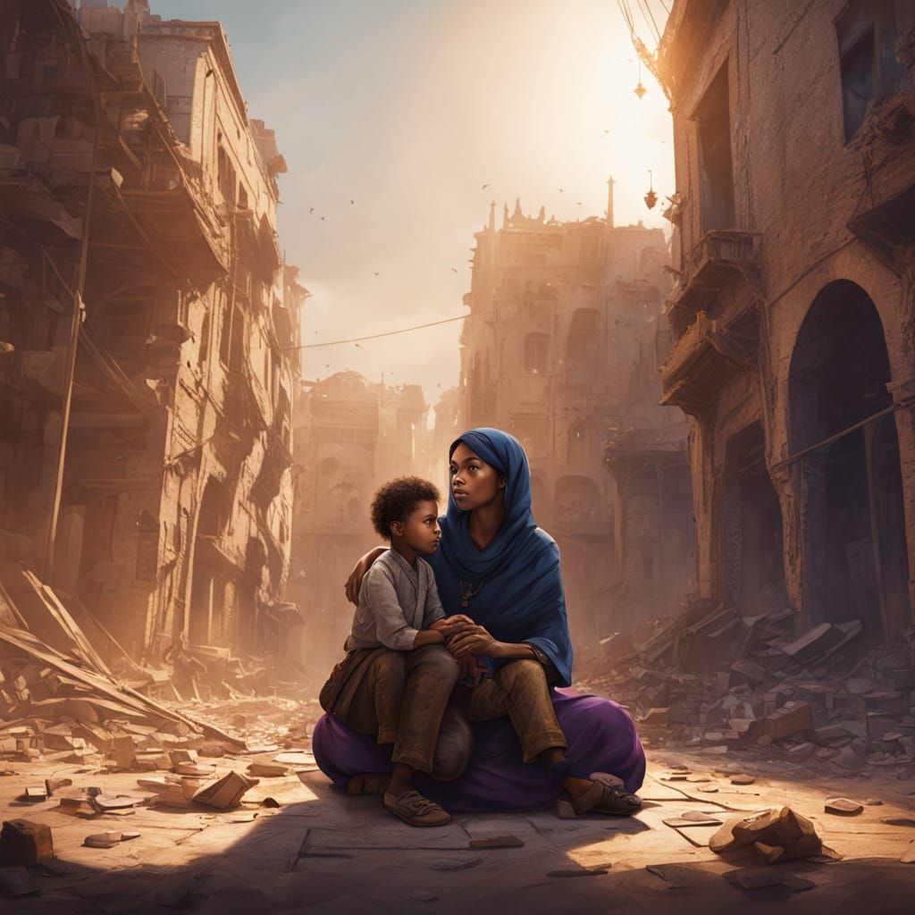 Wounded Woman and Child in Ruined City