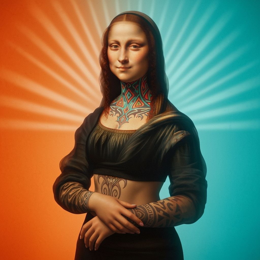 Mona Lisa with Tribal Tattoos in Hyperdetailed Photorealism
