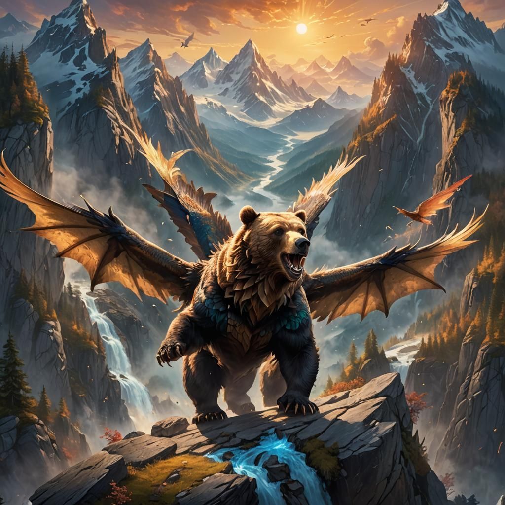 Bear Flapping Wings on Misty Mountain Cliff