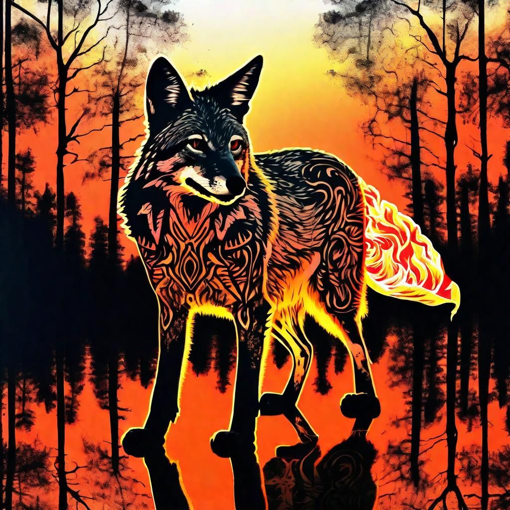 Coyote Silhouette Double Exposure Fire Forest Portrait