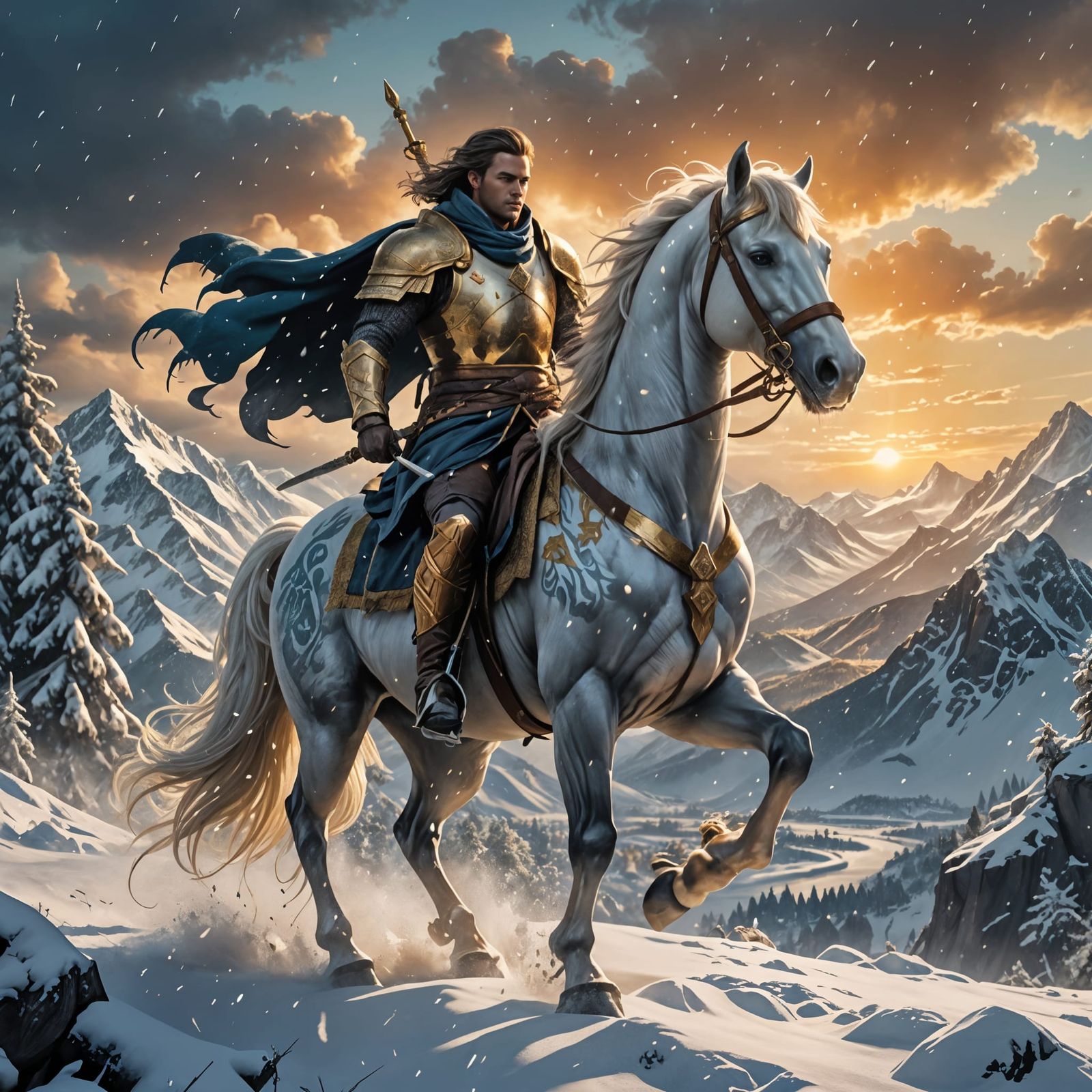 Epic Male Swordsman Riding a Golden Steed in a Frosty Landsc...