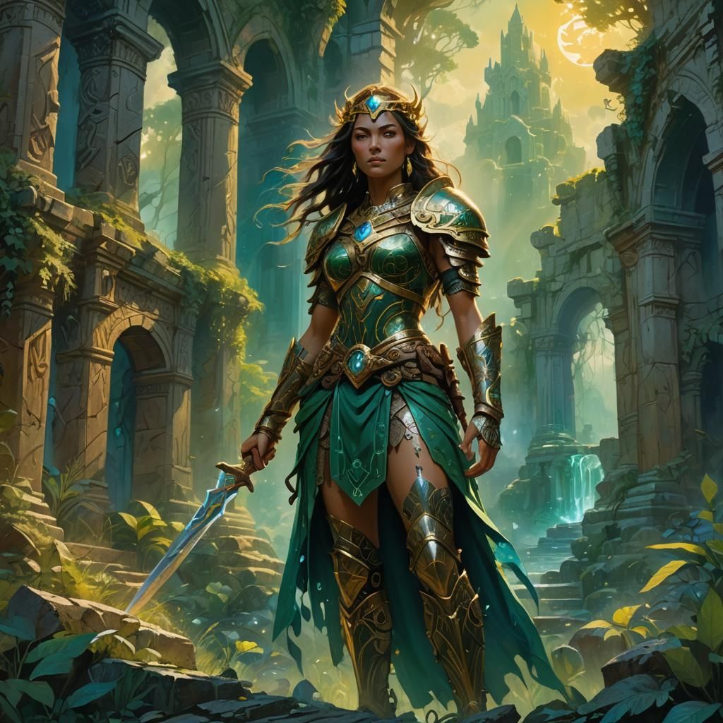 Mystical Warrior Inez in Fantasy Ruins, Oil Painting