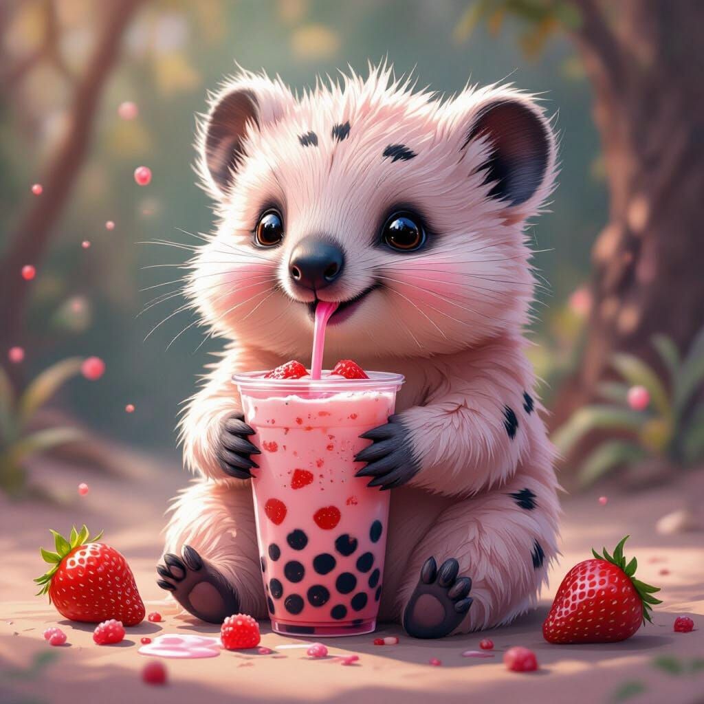 Pink Quokka Burping Strawberry Boba Drink
