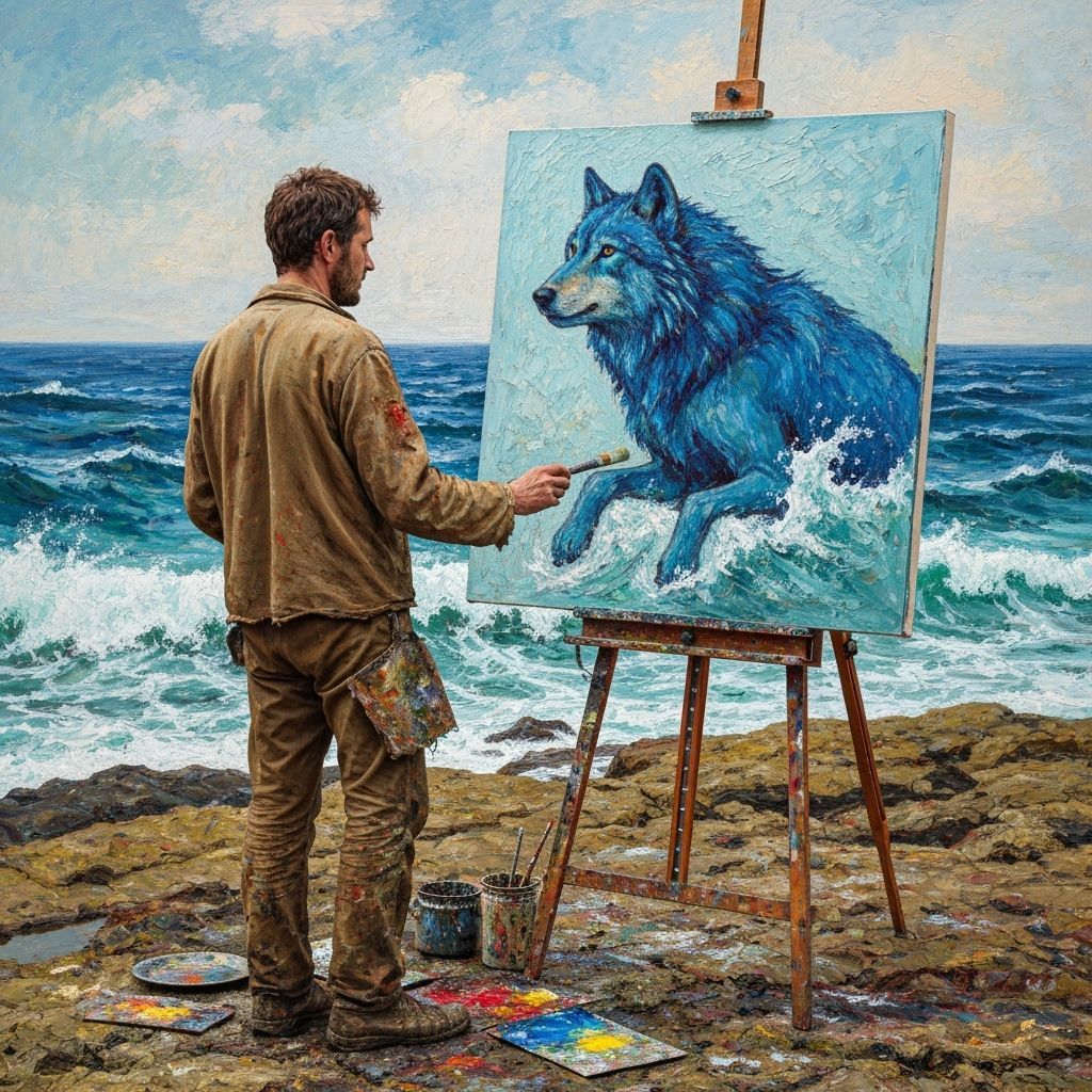 Impasto Painting of Blue Wolf Emerging from Sea