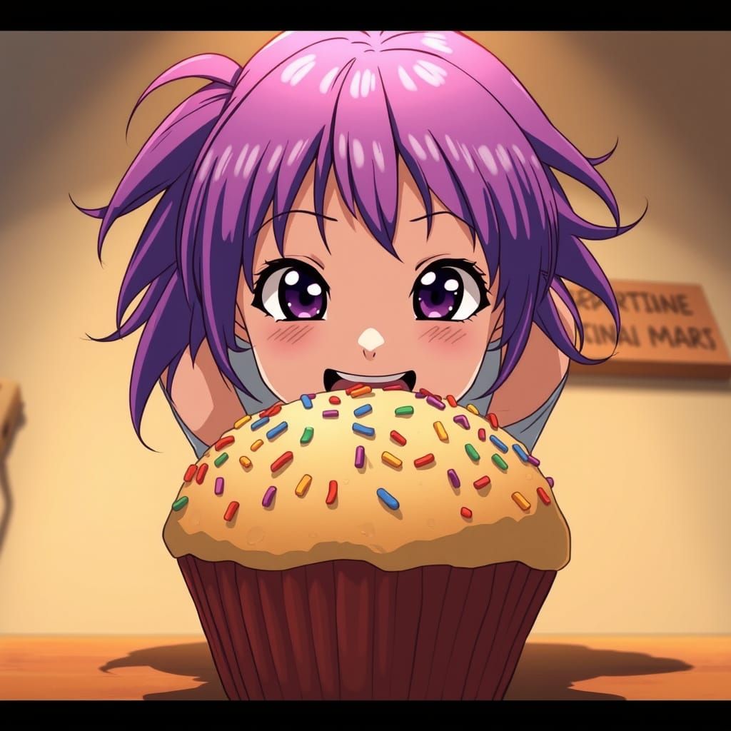 Girl Dives into Vibrant Muffin in Exaggerated Manga Style